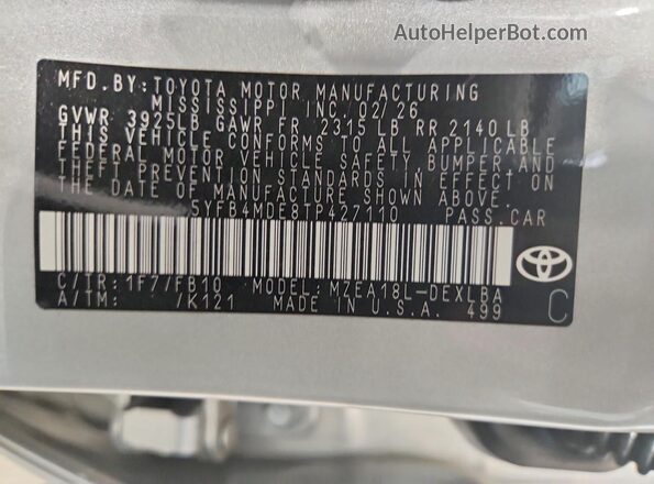 5YFB4MDE8TP427110 2026 TOYOTA COROLLA Gray Vista de la etiqueta del VIN