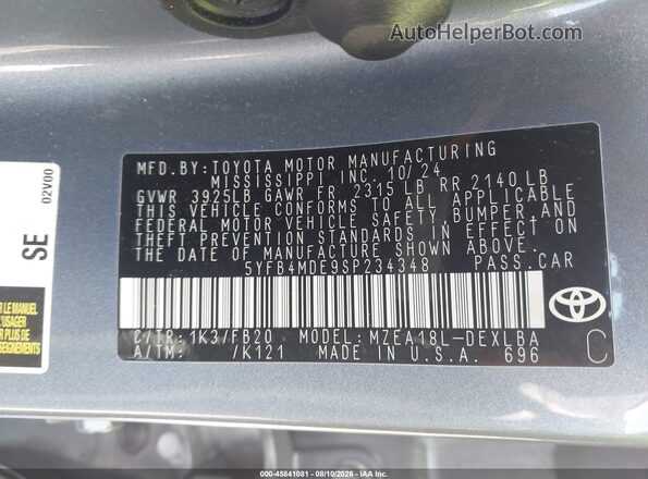 5YFB4MDE9SP234348 2025 TOYOTA COROLLA Light Blue ძრავის განყოფილების ხედი
