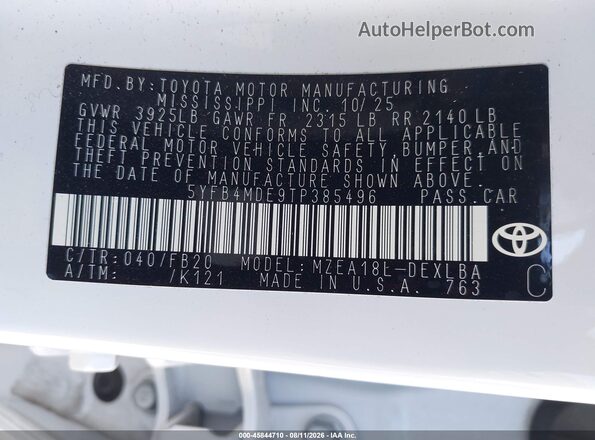 5YFB4MDE9TP385496 2026 TOYOTA COROLLA White Շարժիչի բաժամունքի տեսք