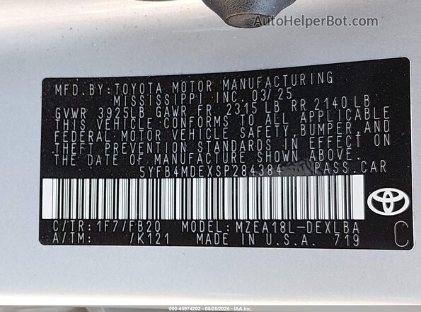 5YFB4MDEXSP284384 2025 TOYOTA COROLLA Silver Vista del compartimento del motor