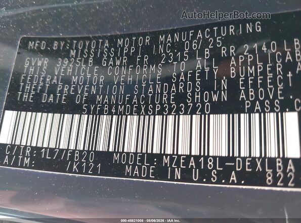 5YFB4MDEXSP323720 2025 TOYOTA COROLLA Gray Vista del compartimento del motor