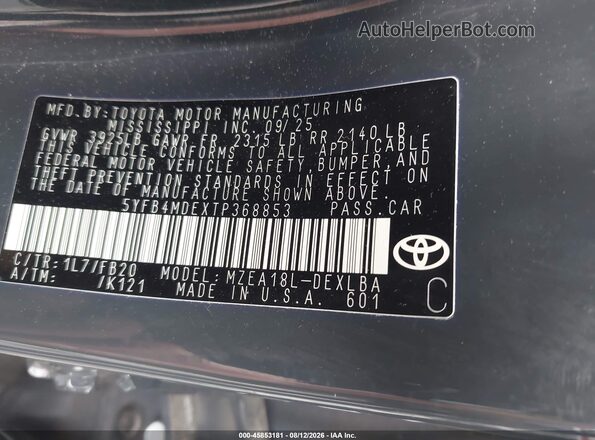 5YFB4MDEXTP368853 2026 TOYOTA COROLLA Gray Շարժիչի բաժամունքի տեսք