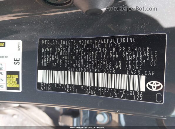 5YFB4MDEXTP410678 2026 TOYOTA COROLLA Black Engine compartment view