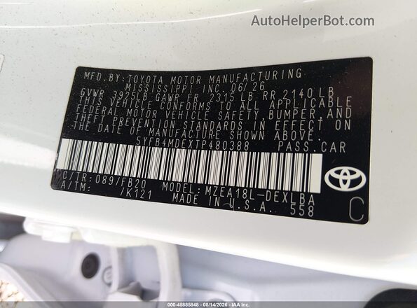 5YFB4MDEXTP480388 2026 TOYOTA COROLLA White Вид підкапотного простору