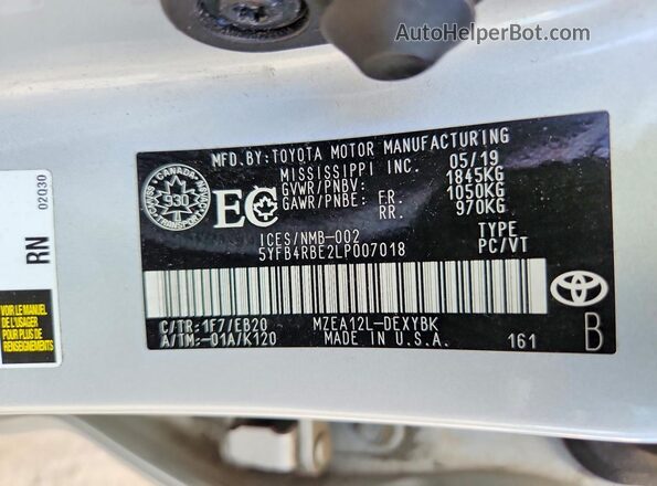 5YFB4RBE2LP007018 2020 TOYOTA COROLLA Silver Vista de la etiqueta del VIN
