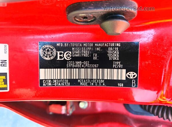 5YFB4RBE4LP023267 2020 TOYOTA COROLLA Red VIN კოდის სტიკერის ხედი