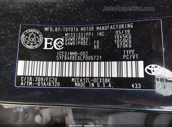 5YFB4RBE6LP006731 2020 TOYOTA COROLLA Black Engine compartment view