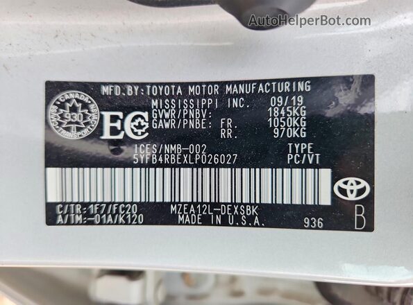 5YFB4RBEXLP026027 2020 TOYOTA COROLLA Silver Widok naklejki z numerem VIN