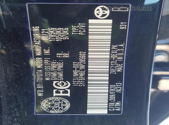 5YFBPMBE1NP285602 2022 TOYOTA COROLLA Black Vista de la etiqueta del VIN