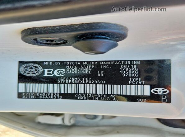 5YFBPRBEXLP029694 2020 TOYOTA COROLLA Белый Вид наклейки с VIN-кодом