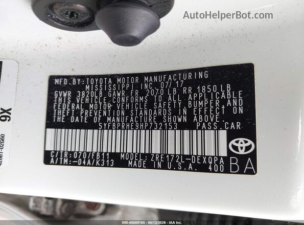 5YFBPRHE9HP732153 2017 TOYOTA COROLLA White Vista del compartimento del motor