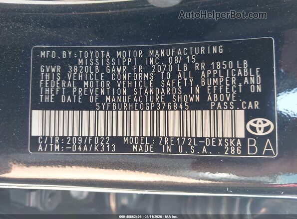 5YFBURHE0GP376845 2016 TOYOTA COROLLA Black ძრავის განყოფილების ხედი