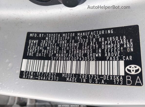 5YFBURHE0GP430595 2016 TOYOTA COROLLA Silver ძრავის განყოფილების ხედი