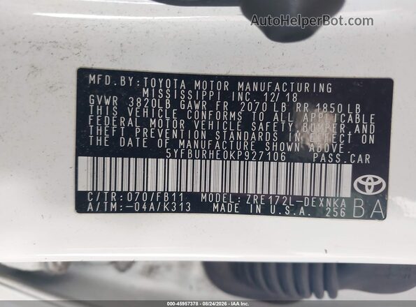 5YFBURHE0KP927106 2019 TOYOTA COROLLA Белый Вид подкапотного пространства