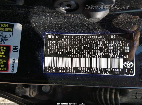 5YFBURHE1GP475805 2016 TOYOTA COROLLA Black ძრავის განყოფილების ხედი