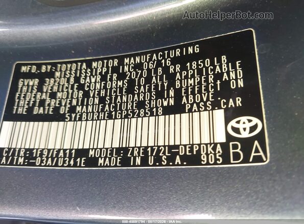5YFBURHE1GP528518 2016 TOYOTA COROLLA Gray Widok komory silnika