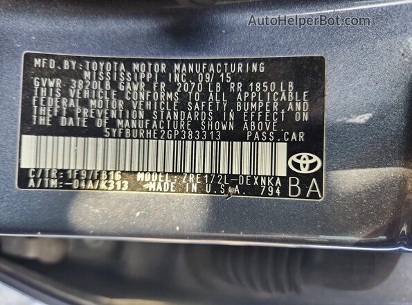5YFBURHE2GP383313 2016 TOYOTA COROLLA Gray Widok komory silnika