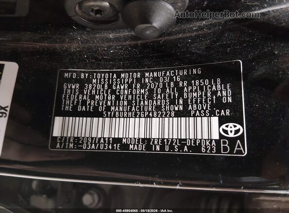 5YFBURHE2GP482228 2016 TOYOTA COROLLA Black Widok komory silnika