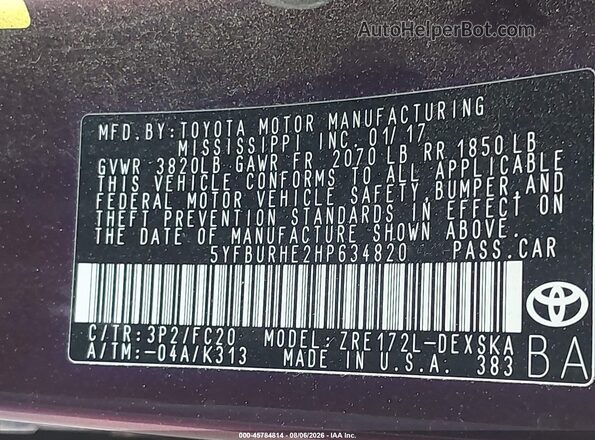 5YFBURHE2HP634820 2017 TOYOTA COROLLA Purple Շարժիչի բաժամունքի տեսք