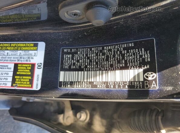 5YFBURHE2KP934557 2019 TOYOTA COROLLA Black Widok naklejki z numerem VIN