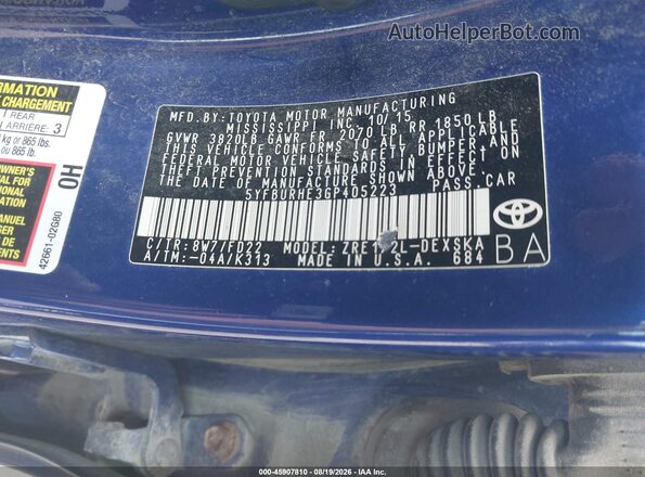 5YFBURHE3GP405223 2016 TOYOTA COROLLA Blue Widok komory silnika