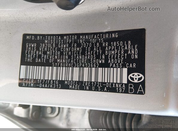 5YFBURHE3GP413662 2016 TOYOTA COROLLA Gray Engine compartment view