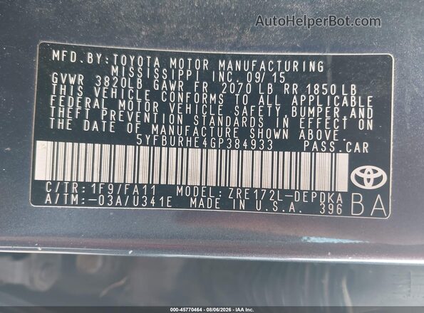 5YFBURHE4GP384933 2016 TOYOTA COROLLA Gray Շարժիչի բաժամունքի տեսք