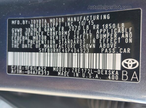 5YFBURHE4GP404923 2016 TOYOTA COROLLA Gray VIN კოდის სტიკერის ხედი