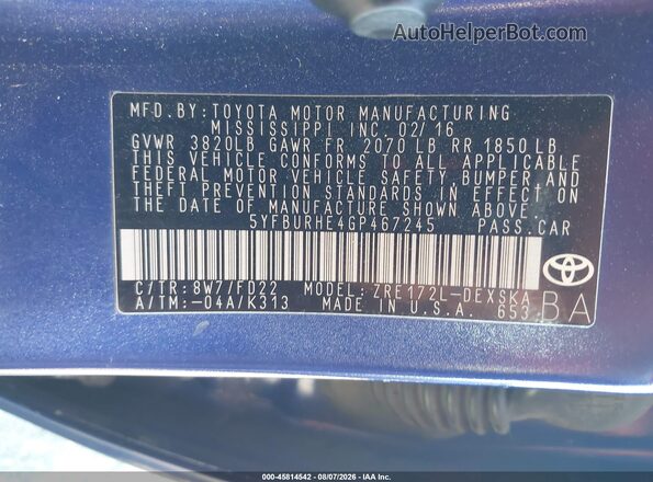 5YFBURHE4GP467245 2016 TOYOTA COROLLA Синий Вид подкапотного пространства