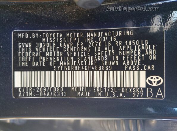 5YFBURHE4GP488869 2016 TOYOTA COROLLA Black Vista del compartimento del motor