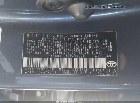 5YFBURHE4GP498320 2016 TOYOTA COROLLA Серый Вид подкапотного пространства