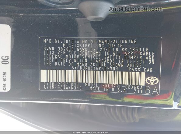 5YFBURHE4GP505301 2016 TOYOTA COROLLA Black Вид підкапотного простору