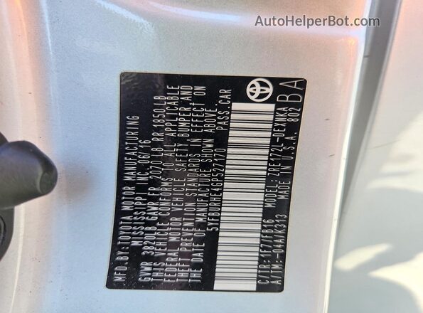 5YFBURHE4GP527170 2016 TOYOTA COROLLA Silver VIN კოდის სტიკერის ხედი