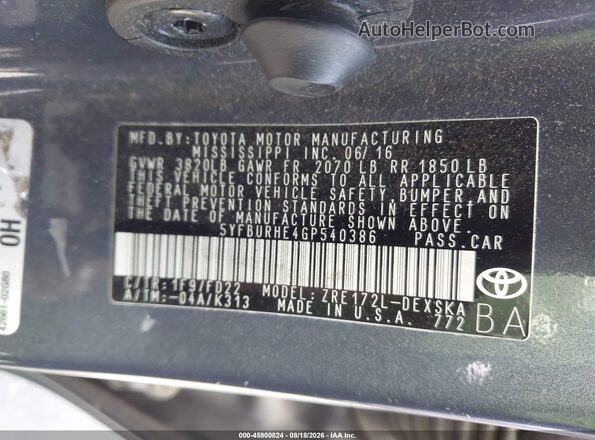 5YFBURHE4GP540386 2016 TOYOTA COROLLA Gray Շարժիչի բաժամունքի տեսք