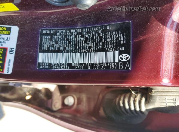 5YFBURHE4HP573101 2017 TOYOTA COROLLA Burgundy Vista del compartimento del motor