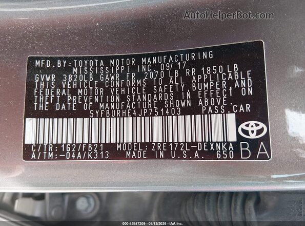 5YFBURHE4JP751403 2018 TOYOTA COROLLA Brown Engine compartment view
