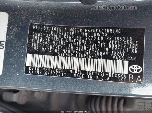 5YFBURHE4KP864303 2019 TOYOTA COROLLA Серый Вид подкапотного пространства