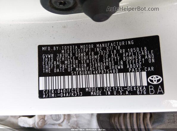 5YFBURHE4KP875480 2019 TOYOTA COROLLA White Engine compartment view
