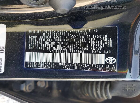 5YFBURHE4KP879903 2019 TOYOTA COROLLA Black Vista de la etiqueta del VIN