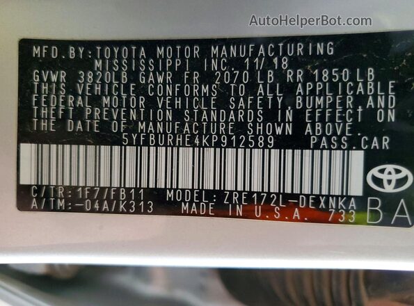 5YFBURHE4KP912589 2019 TOYOTA COROLLA Silver 