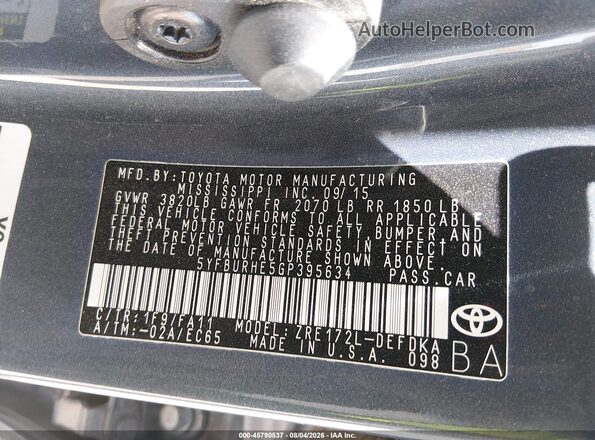 5YFBURHE5GP395634 2016 TOYOTA COROLLA Gray Вид підкапотного простору
