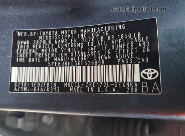 5YFBURHE5GP526898 2016 TOYOTA COROLLA Серый Вид наклейки с VIN-кодом