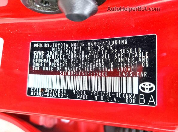 5YFBURHE5GP533608 2016 TOYOTA COROLLA Red Engine compartment view