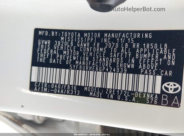 5YFBURHE6GP424039 2016 TOYOTA COROLLA White Շարժիչի բաժամունքի տեսք