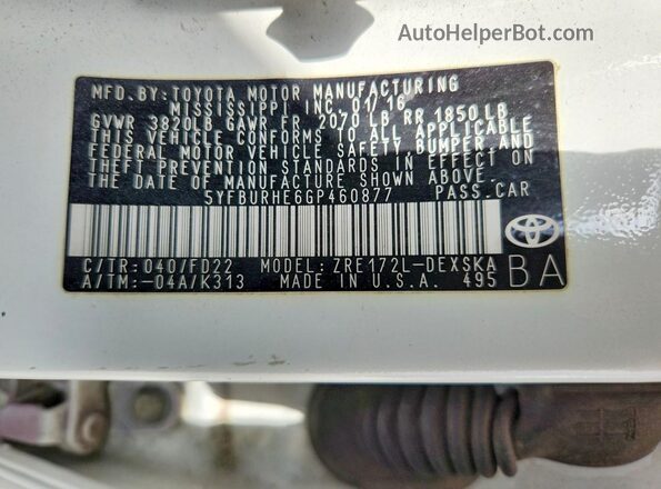 5YFBURHE6GP460877 2016 TOYOTA COROLLA Белый Вид наклейки с VIN-кодом