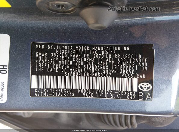 5YFBURHE6HP660367 2017 TOYOTA COROLLA Gray ძრავის განყოფილების ხედი