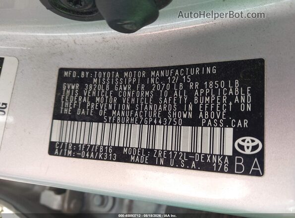 5YFBURHE7GP443750 2016 TOYOTA COROLLA Silver Vista del compartimento del motor