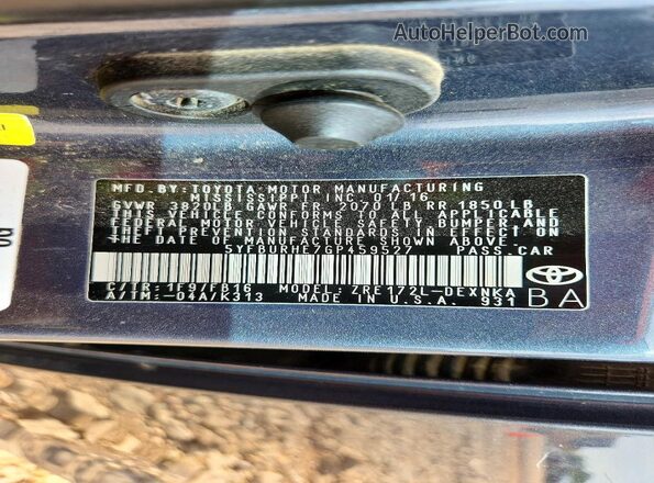 5YFBURHE7GP459527 2016 TOYOTA COROLLA Gray VIN կոդի պիտակի տեսք
