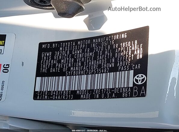 5YFBURHE7GP515482 2016 TOYOTA COROLLA White Вид підкапотного простору