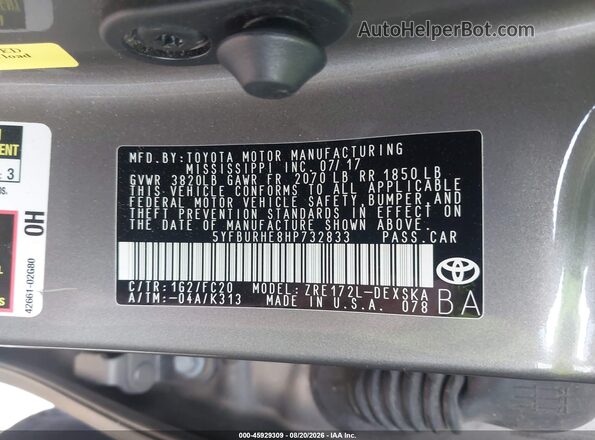 5YFBURHE8HP732833 2017 TOYOTA COROLLA Gray Engine compartment view
